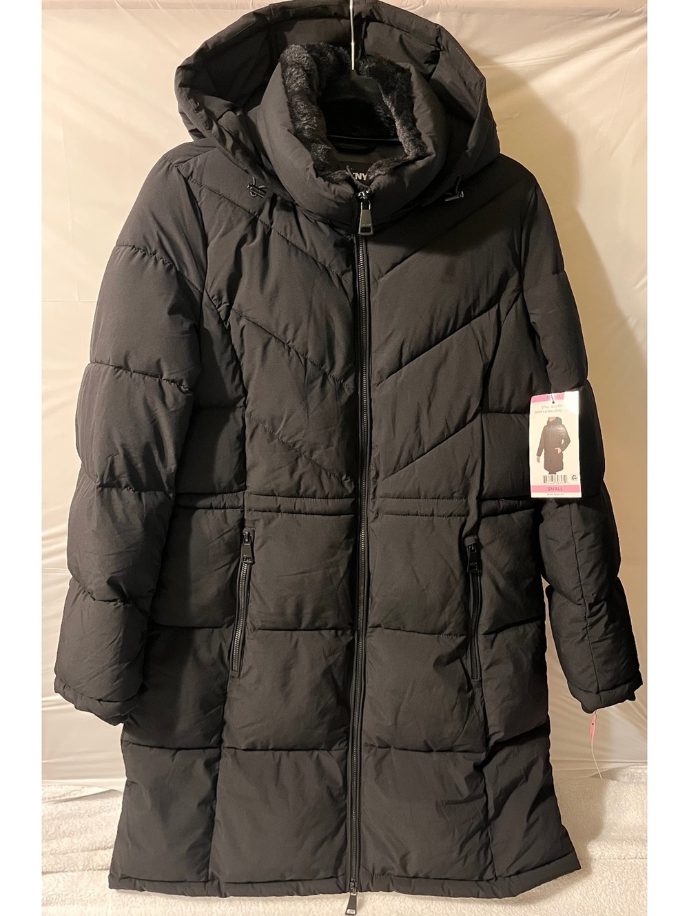 DKNY Ladies Long Black Puffer Coat with Hood, Size Small, New with Tags